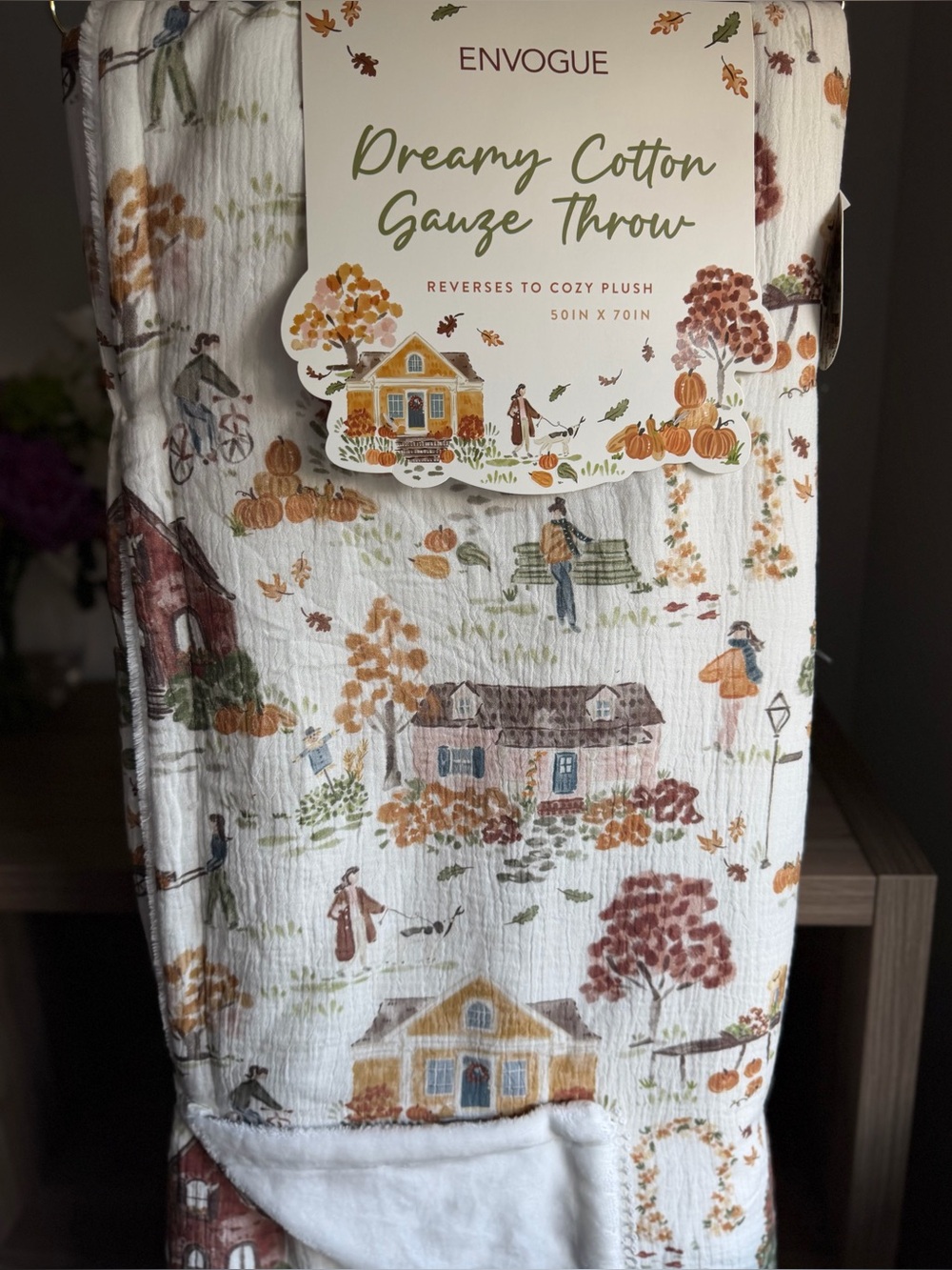 ENVOGUE Dreamy cotton gauze throw fall harvest pumpkin patch scarecrow 50”x70”
